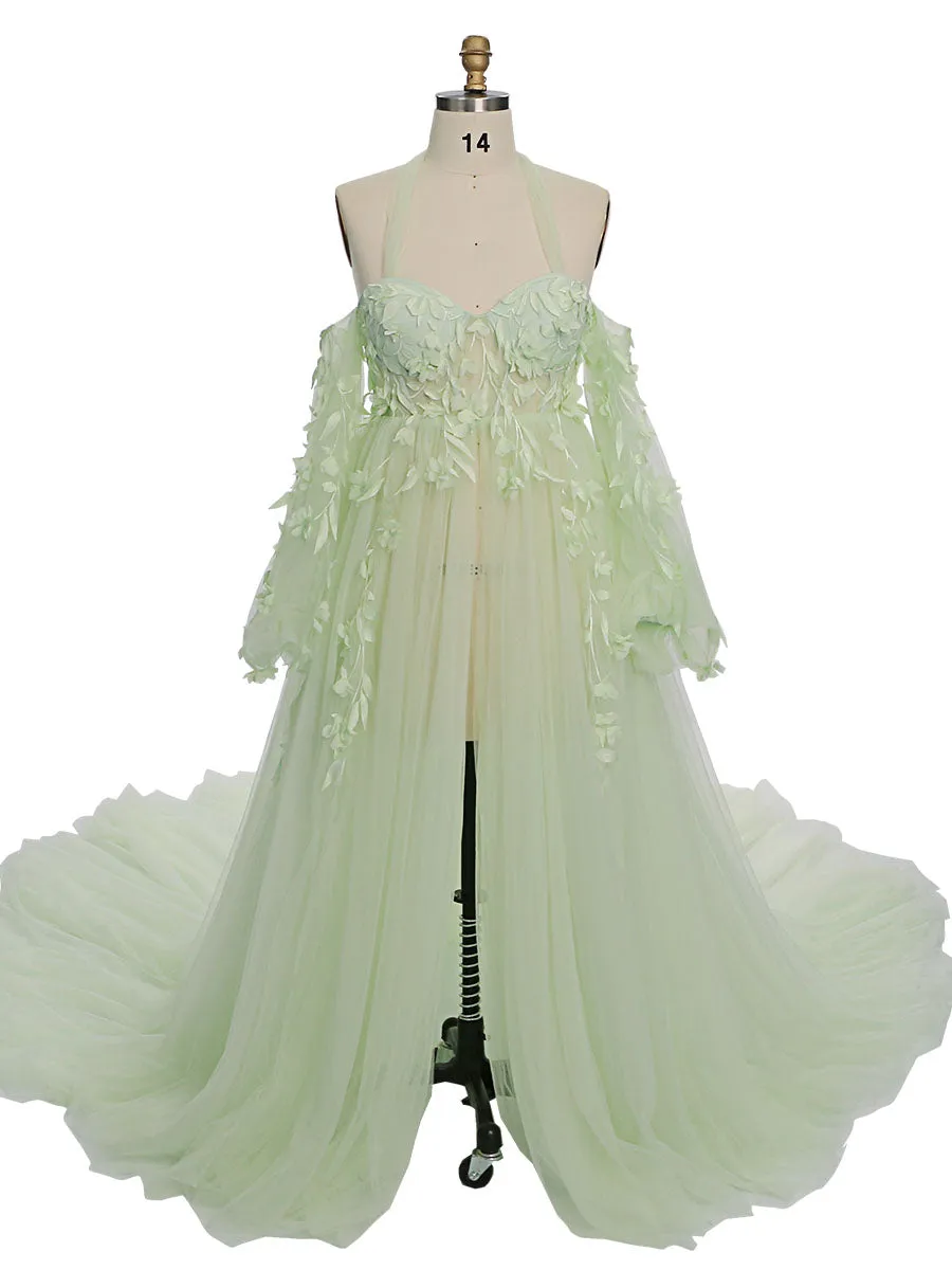 Gorgeous Long Sleeve Tulle Lace Flower Maternity Gown for Photoshooting YW221109-1