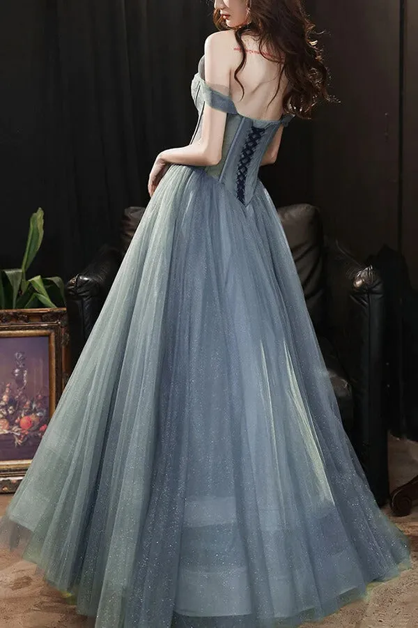 Gray Blue Tulle A-line Sweetheart Neck Long Prom Dresses, Evening Dresses, SW525