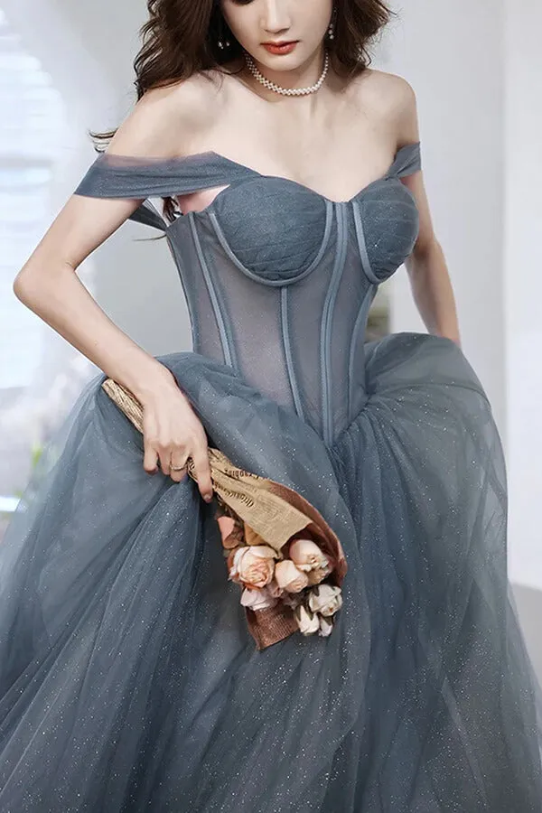 Gray Blue Tulle A-line Sweetheart Neck Long Prom Dresses, Evening Dresses, SW525
