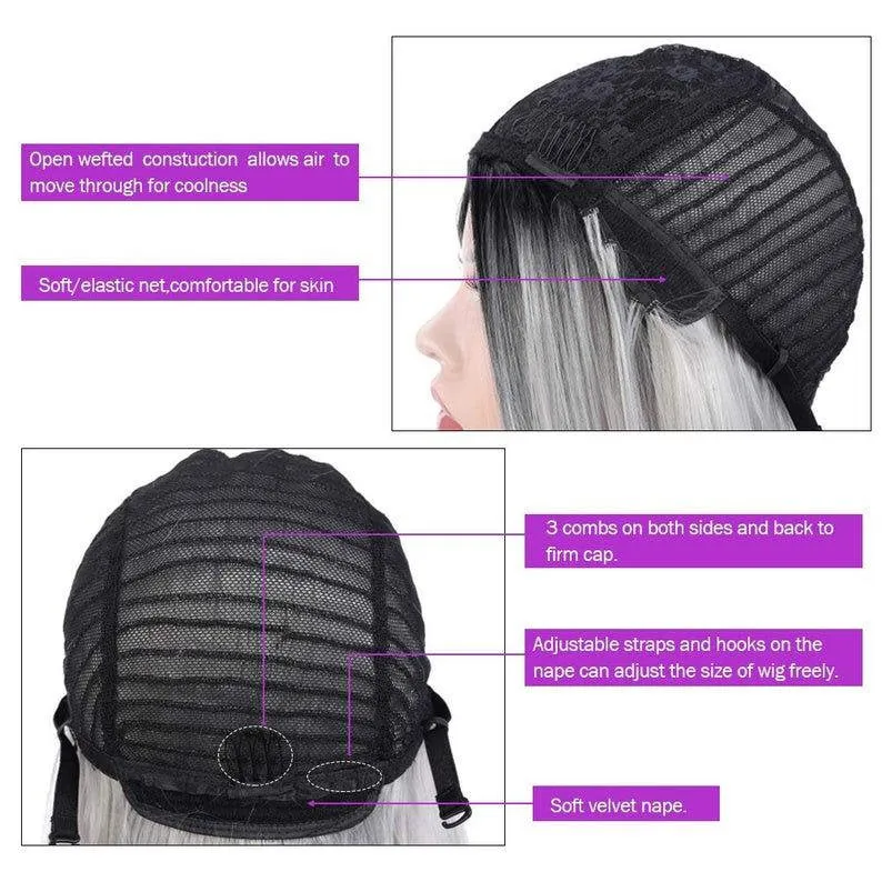 Gray synthetic middle part natural straight heat resistant cosplay wig 26 inch for daily wear, cosplay, costume, drag and stage wear
