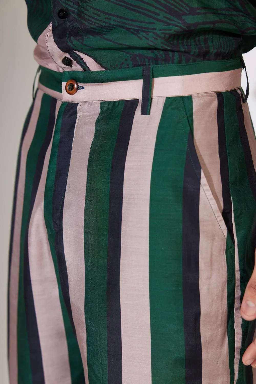 Green & Off White Stripe Shorts