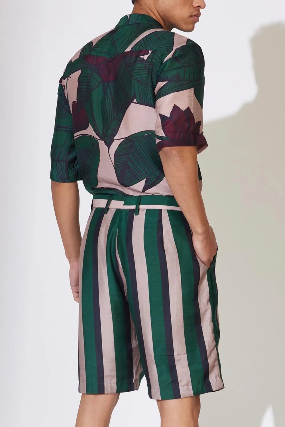 Green & Off White Stripe Shorts