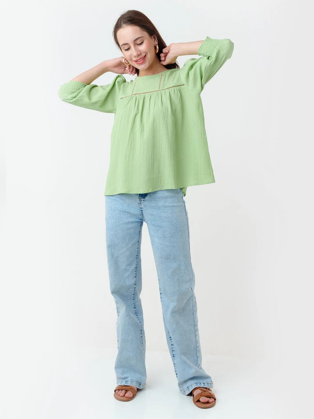 Green Textured Regular Top
