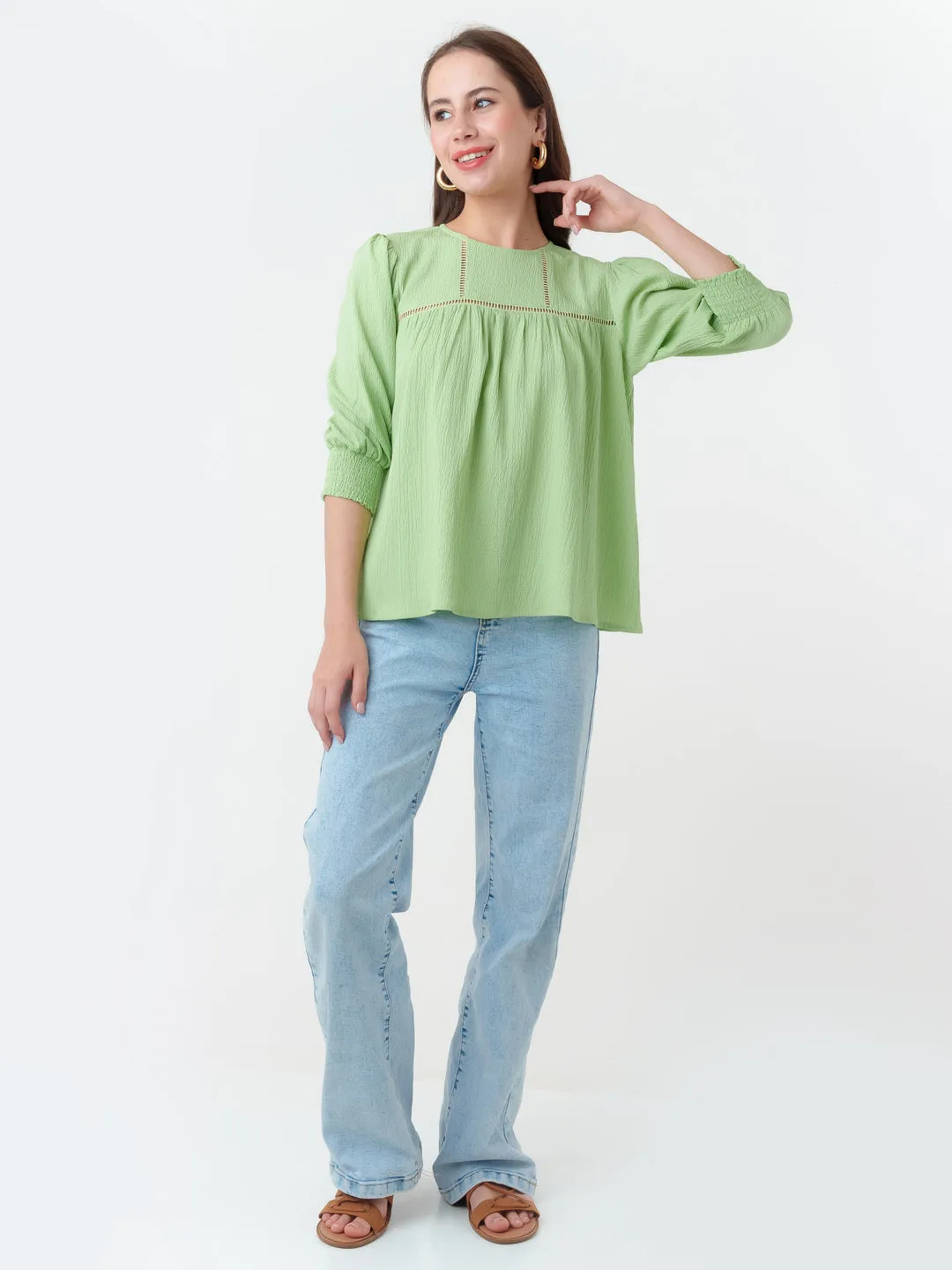Green Textured Regular Top