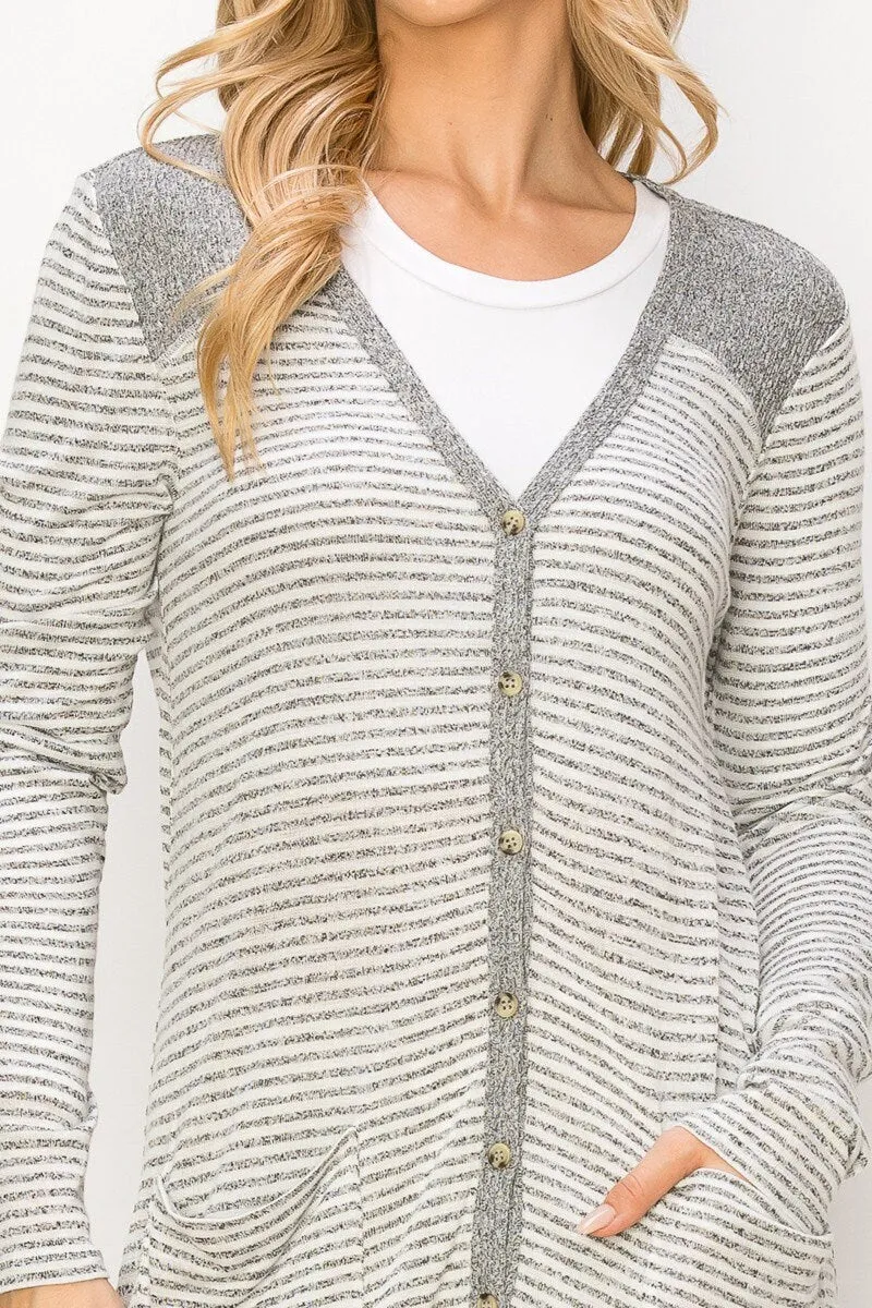 Grey Stripe Long Cardigan -Sweater Warm Soft & thin- Spring Missy Duster Cardigan, Oversized Lightweight Button up with Pocket-Gifts for her