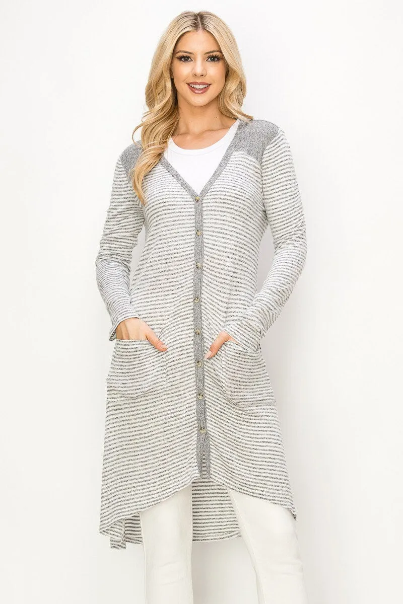 Grey Stripe Long Cardigan -Sweater Warm Soft & thin- Spring Missy Duster Cardigan, Oversized Lightweight Button up with Pocket-Gifts for her