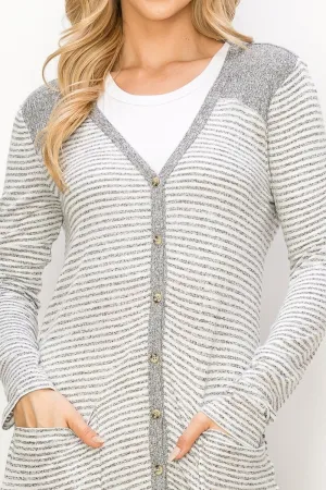 Grey Stripe Long Cardigan -Sweater Warm Soft & thin- Spring Missy Duster Cardigan, Oversized Lightweight Button up with Pocket-Gifts for her