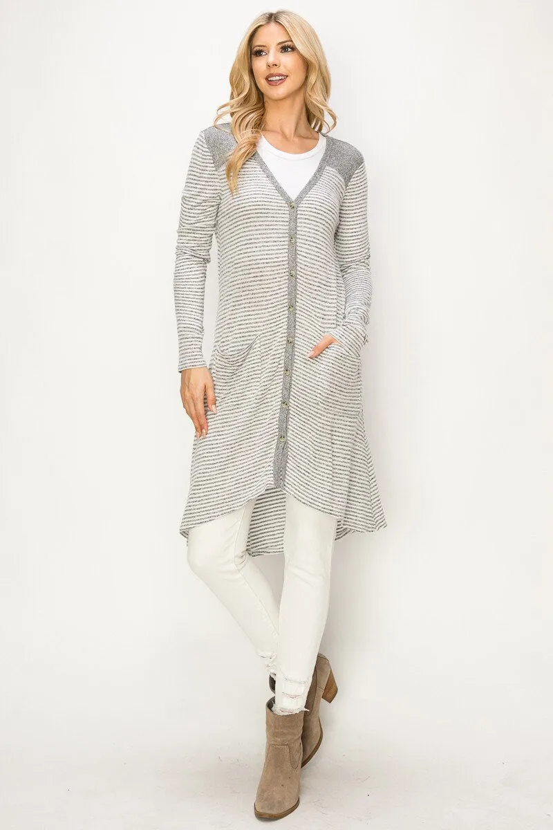 Grey Stripe Long Cardigan -Sweater Warm Soft & thin- Spring Missy Duster Cardigan, Oversized Lightweight Button up with Pocket-Gifts for her