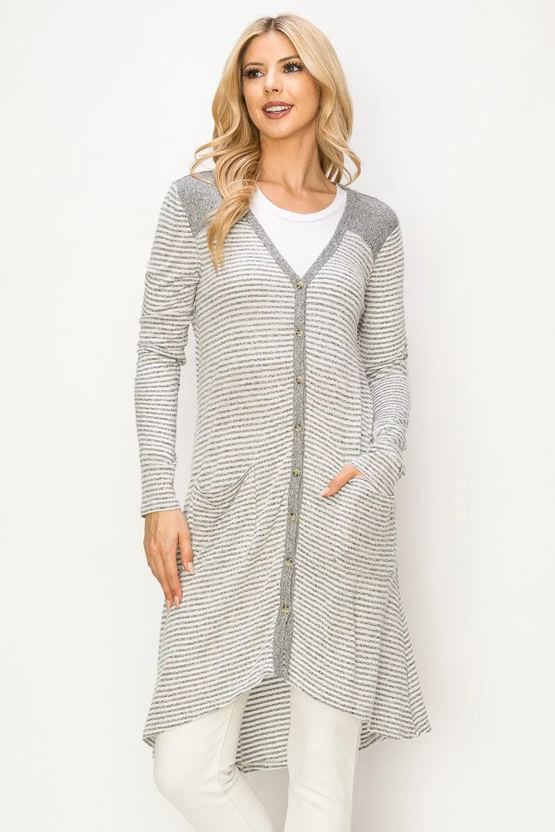 Grey Stripe Long Cardigan -Sweater Warm Soft & thin- Spring Missy Duster Cardigan, Oversized Lightweight Button up with Pocket-Gifts for her