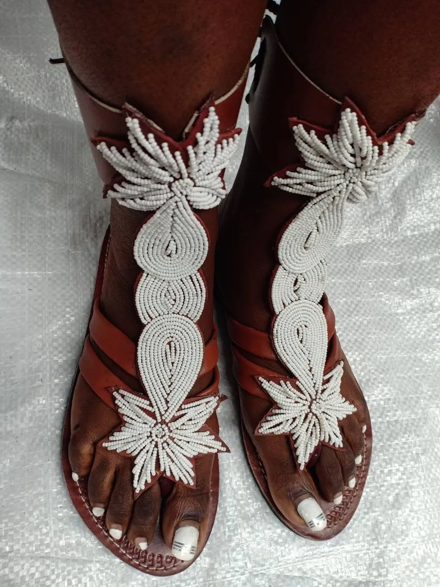 Handmade African Beaded Sandals/Authentic Maasai-Style Leather Flip-Flops Women/Boho Beach Sandals/Comfortable Summer Sandal African Gifts