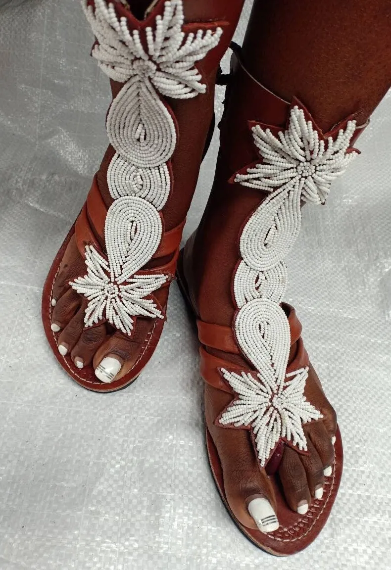 Handmade African Beaded Sandals/Authentic Maasai-Style Leather Flip-Flops Women/Boho Beach Sandals/Comfortable Summer Sandal African Gifts