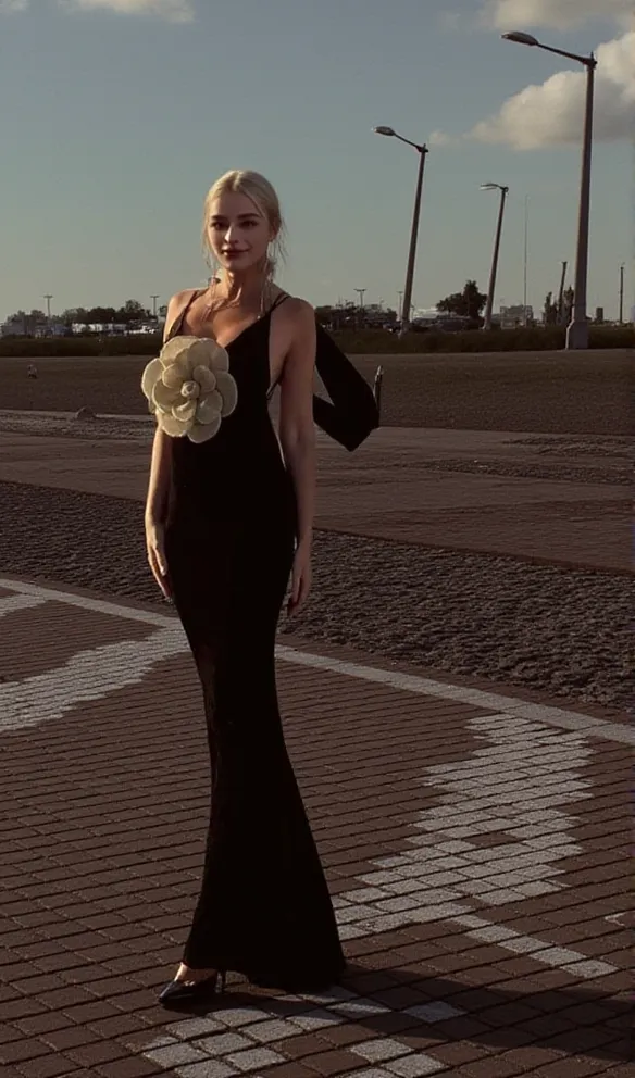 HARRIET GOLD 3D FLOWER BODYCON BLACK MAXI DRESS