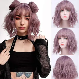 Heather Purple Wig |  14" Wavy Layered Wig with Curtain Bangs | Heat Friendly Synthetic Wig | Human Hair Feel | Make Trendy Cat Ear Buns