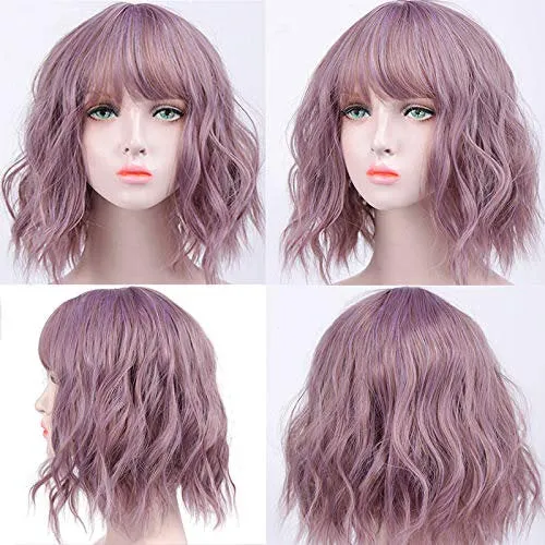 Heather Purple Wig |  14" Wavy Layered Wig with Curtain Bangs | Heat Friendly Synthetic Wig | Human Hair Feel | Make Trendy Cat Ear Buns