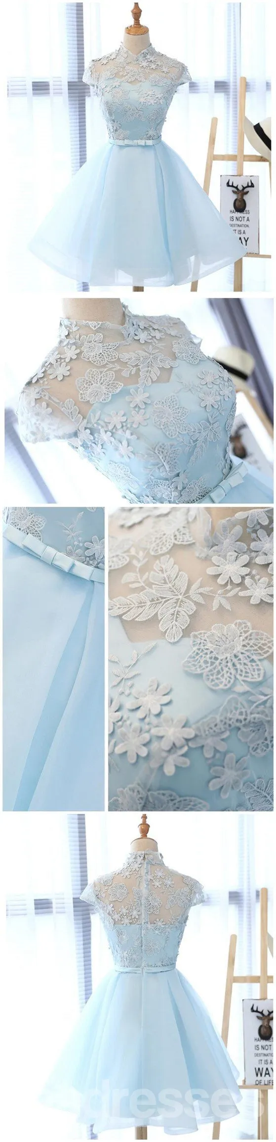 High Neckline Light Blue Cute Homecoming Prom Dresses, Affordable Sweet 16 Dresses, CM331