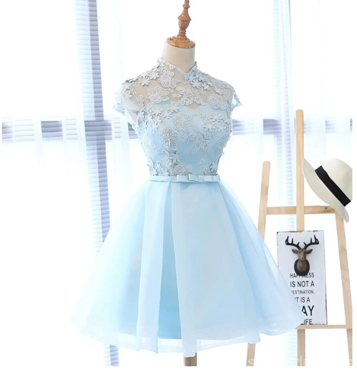 High Neckline Light Blue Cute Homecoming Prom Dresses, Affordable Sweet 16 Dresses, CM331