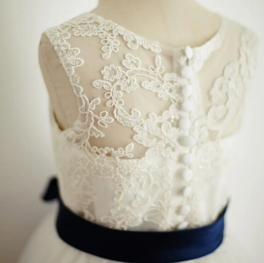 Illusion Lace Tulle Flower Girl Dresses with Navy Belt, Affordable Flower Girl Dresses, FG083