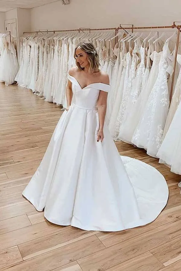 Ivory A-line Off-the-Shoulder Satin Wedding Dresses, Cheap Wedding Gown, SW522