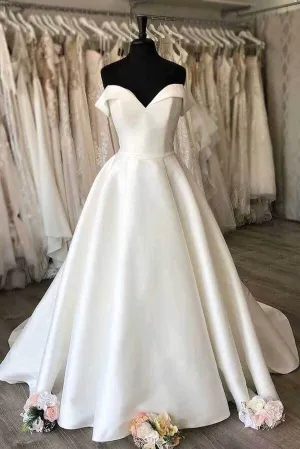 Ivory A-line Off-the-Shoulder Satin Wedding Dresses, Cheap Wedding Gown, SW522