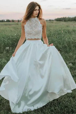 Ivory Chiffon Two Pieces A-line Lace Top Wedding Dresses With Pockets, SW614