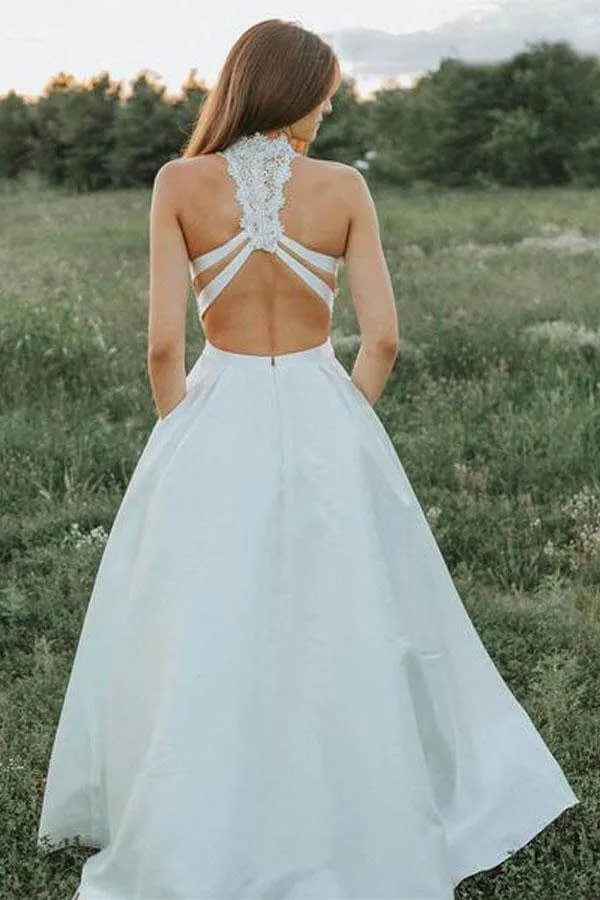 Ivory Chiffon Two Pieces A-line Lace Top Wedding Dresses With Pockets, SW614