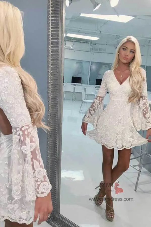 Ivory Lace A-line V-neck Open Back Long Sleeves Short Homecoming Dress, SH562