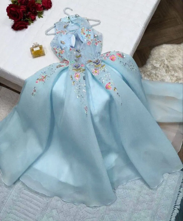 JazzHer Classy A line High Neckline Light Blue Tulle Lace Prom Dresses Evening Dress (PRE-ORDER)