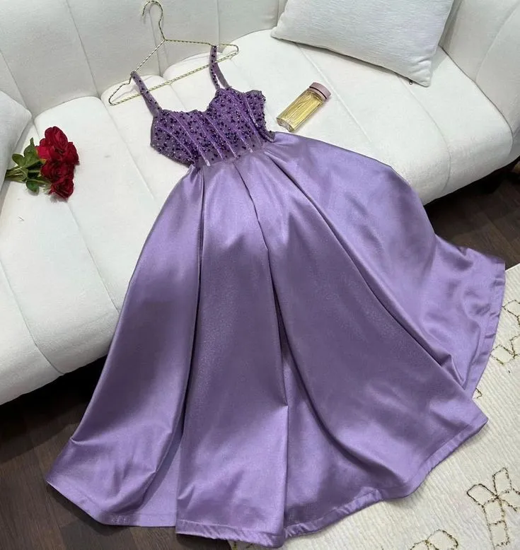 JazzHer Gorgeous A Line Spaghetti Straps Light Grape Long Satin Prom Dresses Evening Dress (PRE-ORDER)