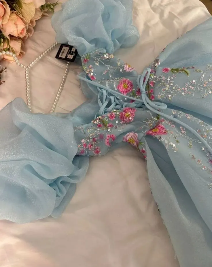 JazzHer Pretty Ball Gown Sweetheart Short Puffy Sleeves Light Sky Blue Prom Dresses Long Evening Dress (PRE-ORDER)