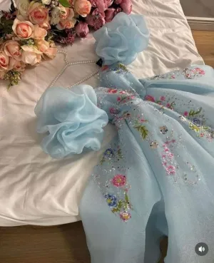 JazzHer Pretty Ball Gown Sweetheart Short Puffy Sleeves Light Sky Blue Prom Dresses Long Evening Dress (PRE-ORDER)