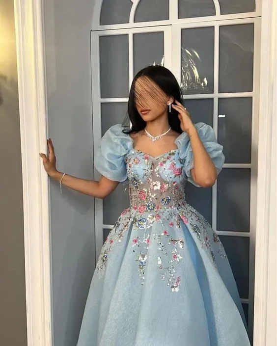 JazzHer Pretty Ball Gown Sweetheart Short Puffy Sleeves Light Sky Blue Prom Dresses Long Evening Dress (PRE-ORDER)