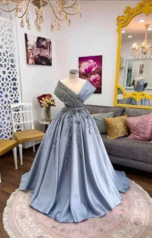 JazzHer Pretty Ball Gown V Neckline Light Sky Blue Satin Long Evening Dress Prom Dresses With Flowers (PRE-ORDER)