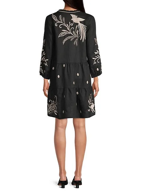 Johnny Was FRANKIE TIERED Field Dress Cotton Floral Embroidery Linen Black New