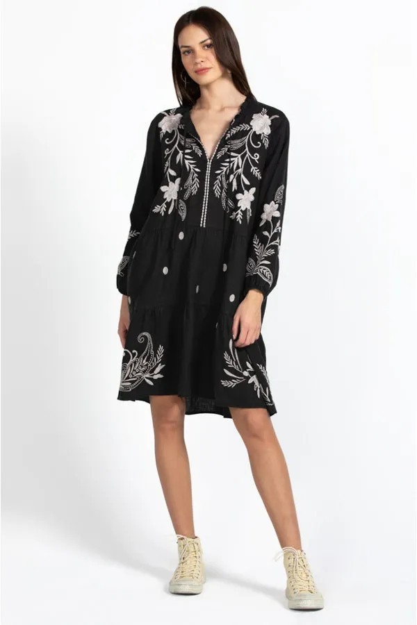 Johnny Was FRANKIE TIERED Field Dress Cotton Floral Embroidery Linen Black New