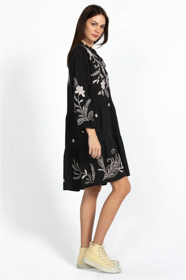 Johnny Was FRANKIE TIERED Field Dress Cotton Floral Embroidery Linen Black New