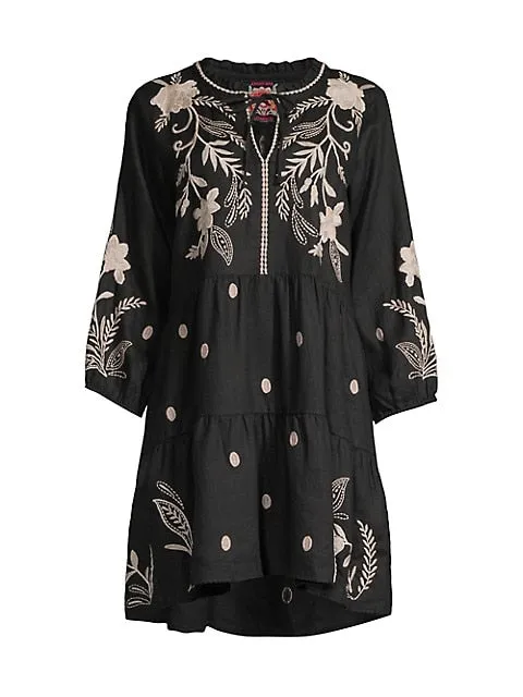 Johnny Was FRANKIE TIERED Field Dress Cotton Floral Embroidery Linen Black New