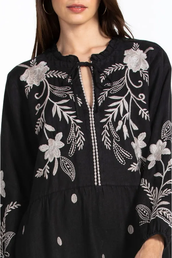 Johnny Was FRANKIE TIERED Field Dress Cotton Floral Embroidery Linen Black New