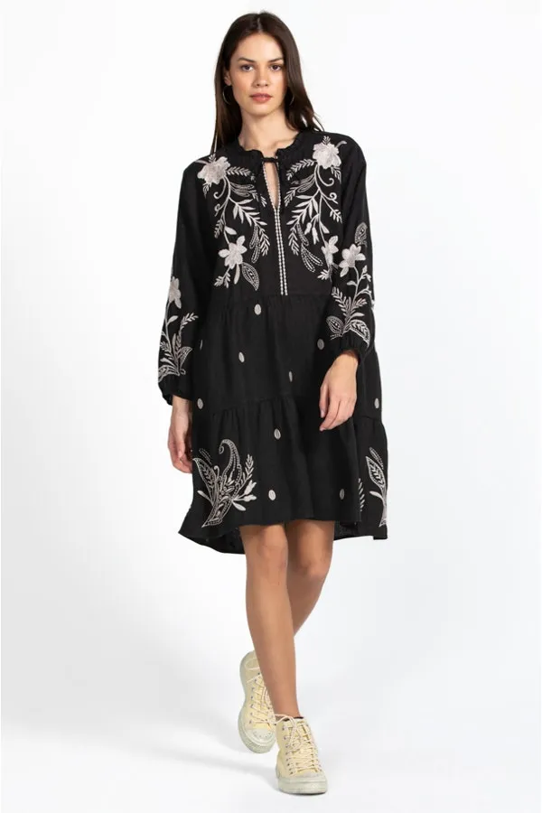 Johnny Was FRANKIE TIERED Field Dress Cotton Floral Embroidery Linen Black New