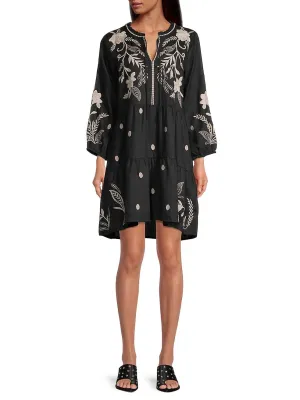 Johnny Was FRANKIE TIERED Field Dress Cotton Floral Embroidery Linen Black New