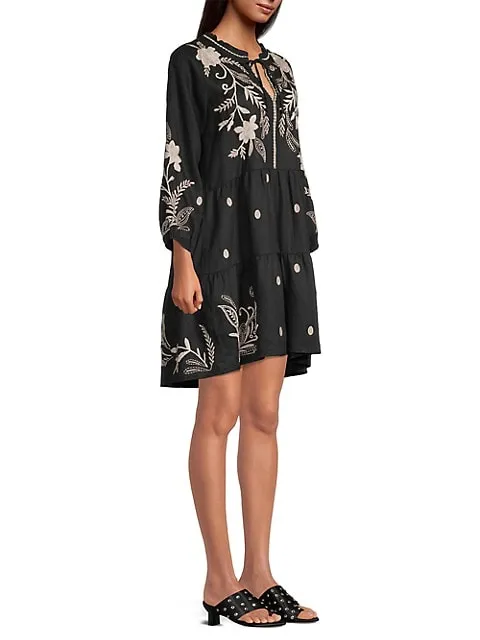 Johnny Was FRANKIE TIERED Field Dress Cotton Floral Embroidery Linen Black New