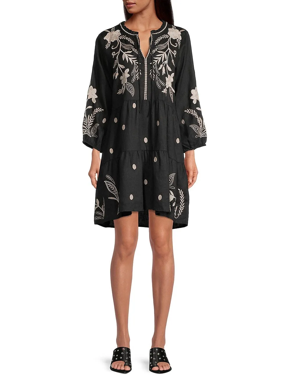 Johnny Was FRANKIE TIERED Field Dress Cotton Floral Embroidery Linen Black New
