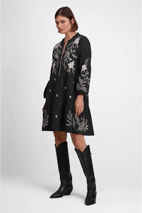 Johnny Was FRANKIE TIERED Field Dress Cotton Floral Embroidery Linen Black New