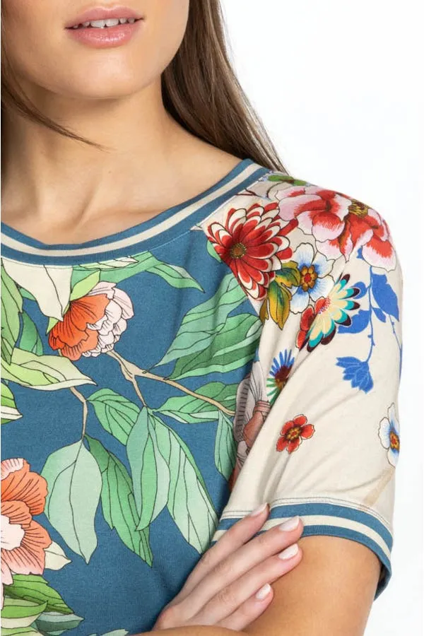Johnny Was Romano Raglan Short Floral Tee Shirt Flower Rose Blue Top X Large New
