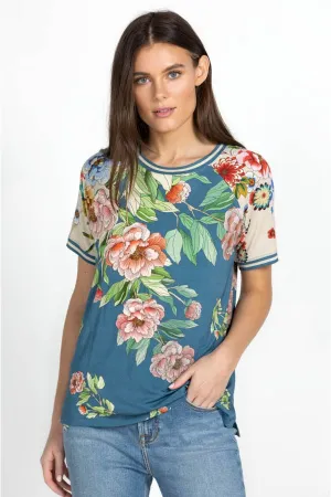 Johnny Was Romano Raglan Short Floral Tee Shirt Flower Rose Blue Top X Large New