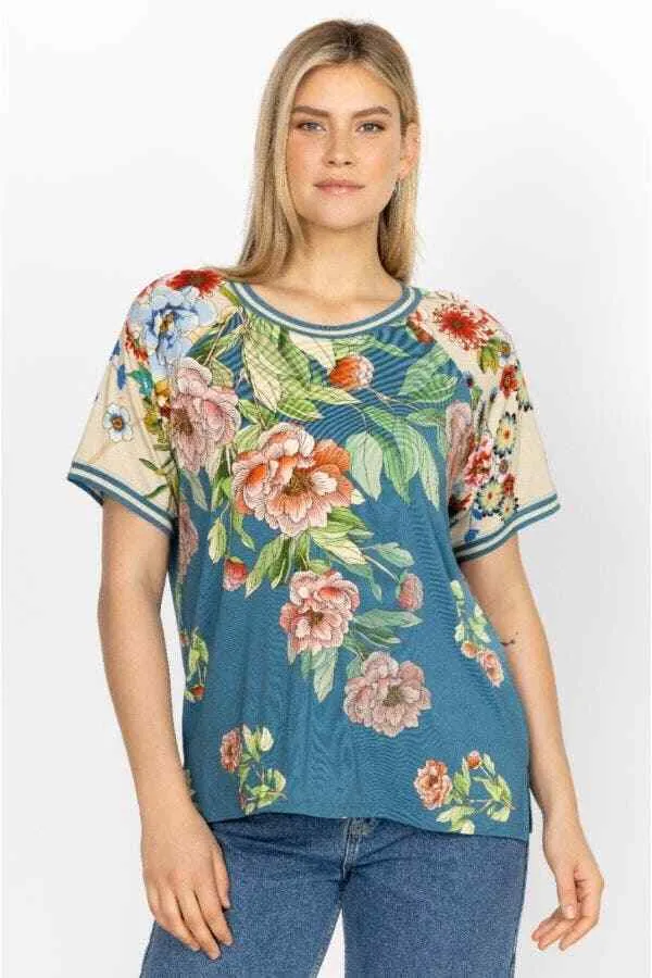 Johnny Was Romano Raglan Short Floral Tee Shirt Flower Rose Blue Top X Large New