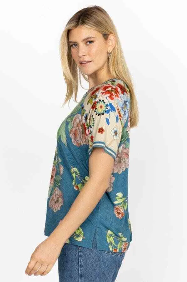 Johnny Was Romano Raglan Short Floral Tee Shirt Flower Rose Blue Top X Large New