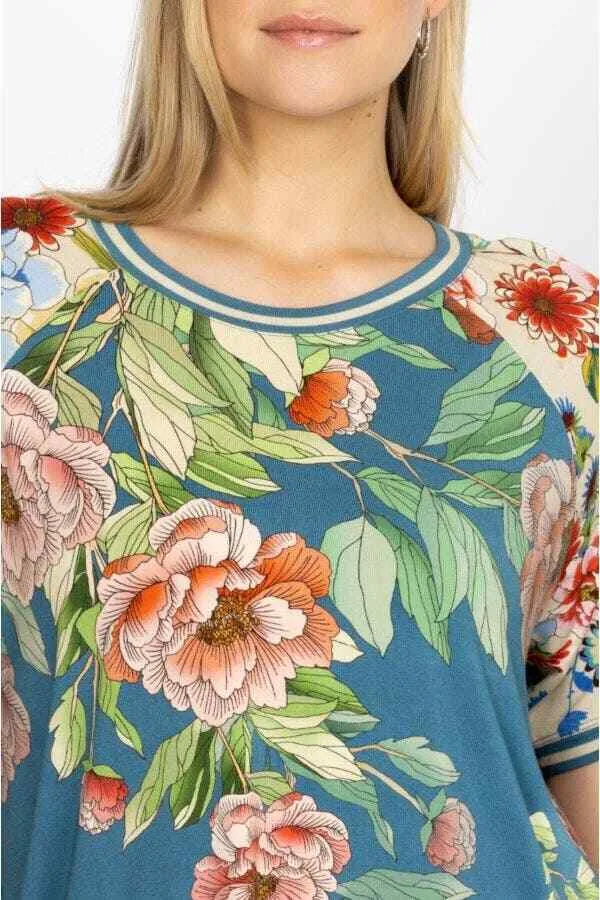 Johnny Was Romano Raglan Short Floral Tee Shirt Flower Rose Blue Top X Large New