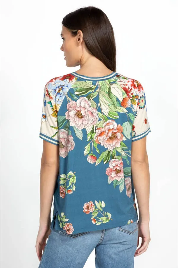 Johnny Was Romano Raglan Short Floral Tee Shirt Flower Rose Blue Top X Large New
