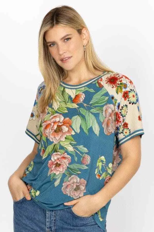 Johnny Was Romano Raglan Short Floral Tee Shirt Flower Rose Blue Top X Large New
