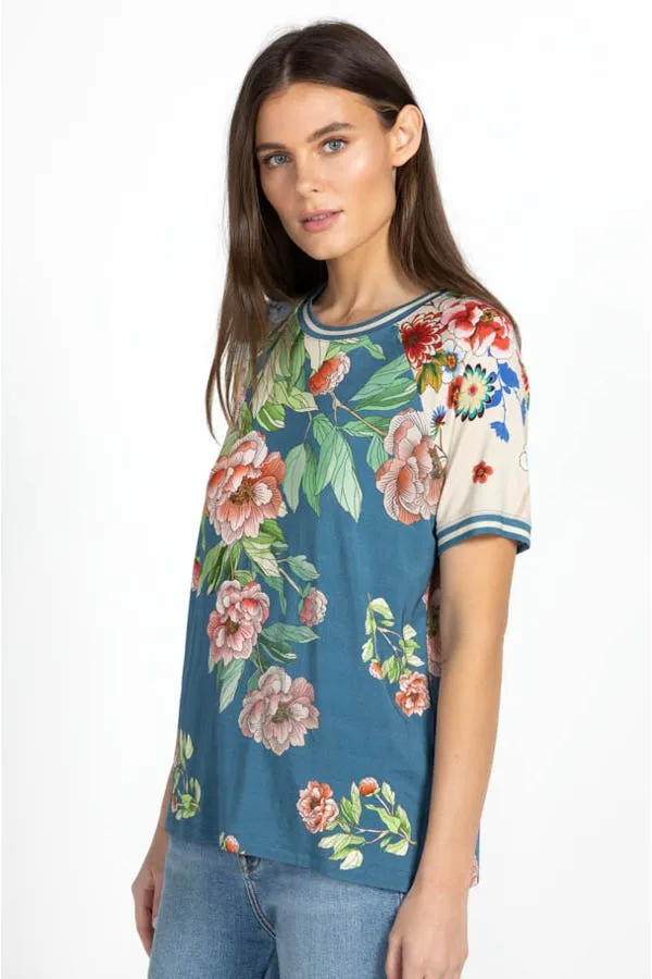 Johnny Was Romano Raglan Short Floral Tee Shirt Flower Rose Blue Top X Large New